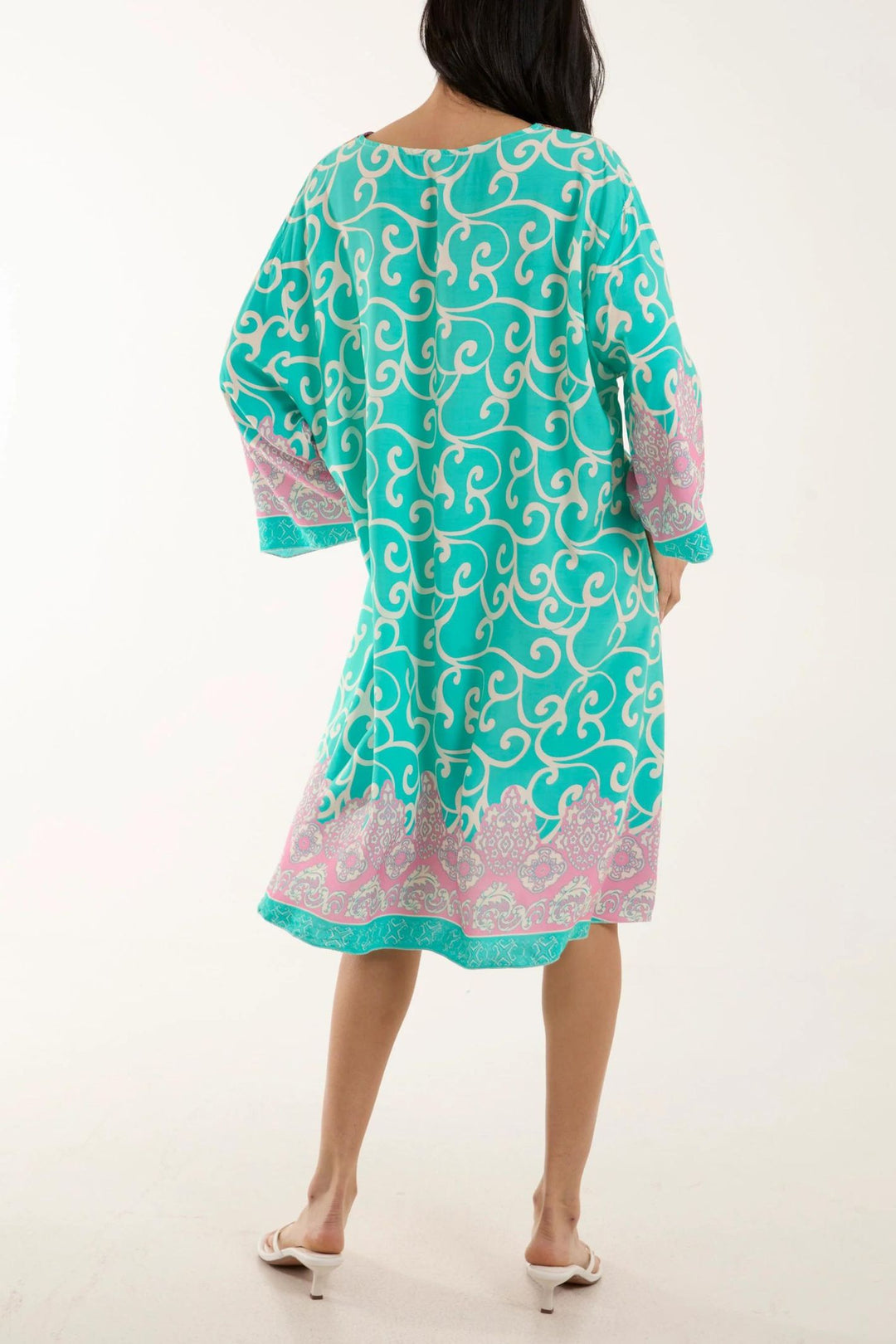 Turquoise Scroll Print Embroidered Holiday Cover Up