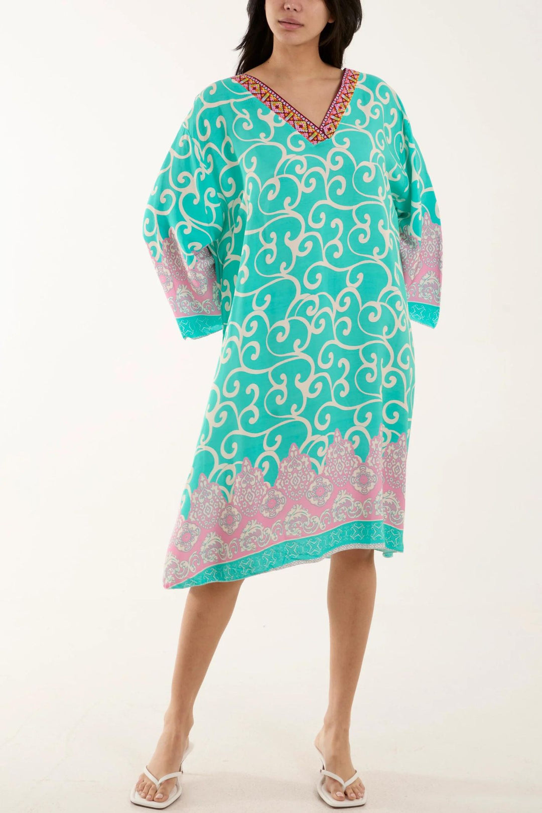 Turquoise Scroll Print Embroidered Holiday Cover Up