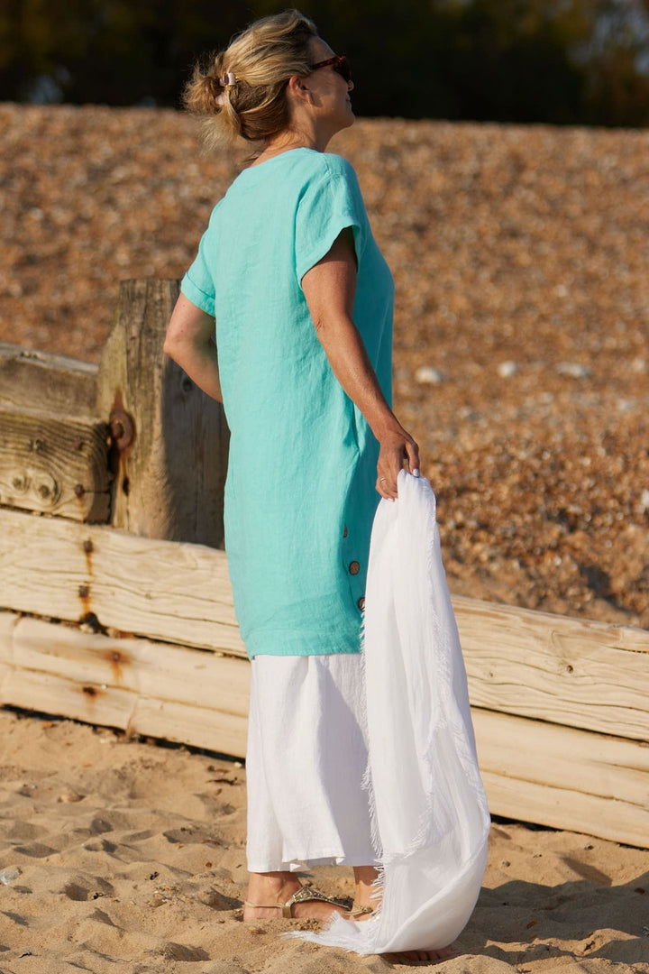 Turquoise Short Sleeve Linen Bubble Dress