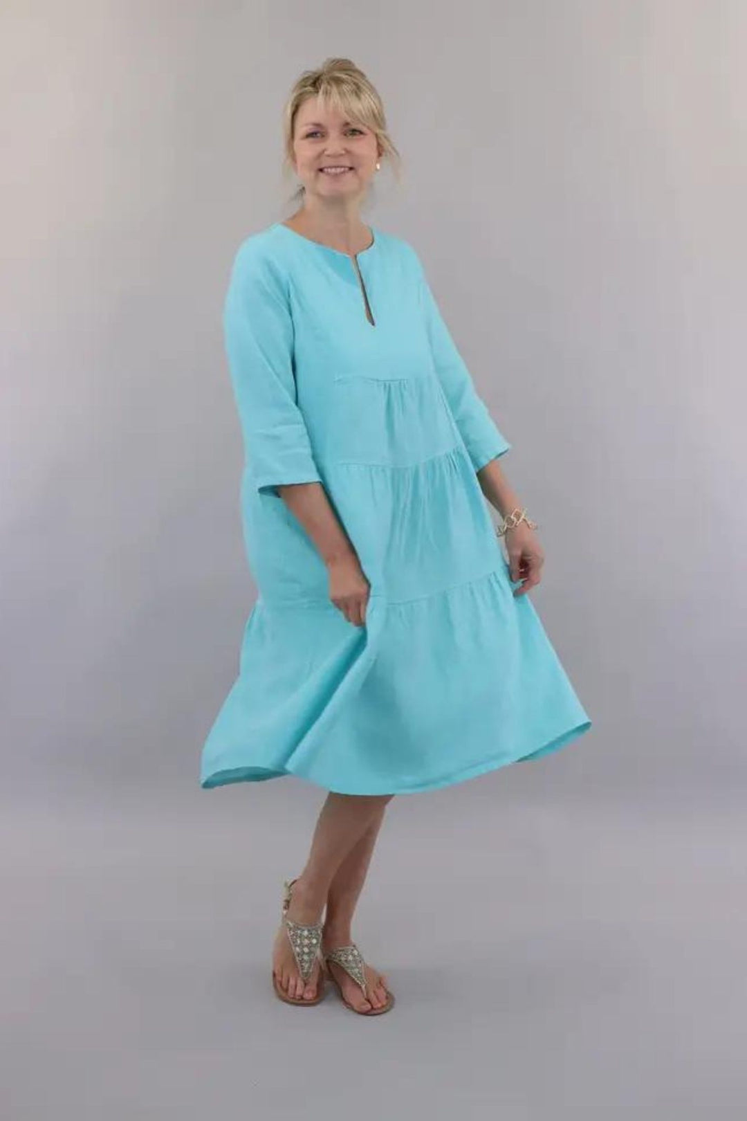 Turquoise Tiered Linen Dress