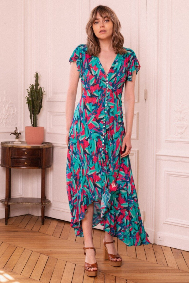 Turquoise & Pink Hi-Low Hem Dress