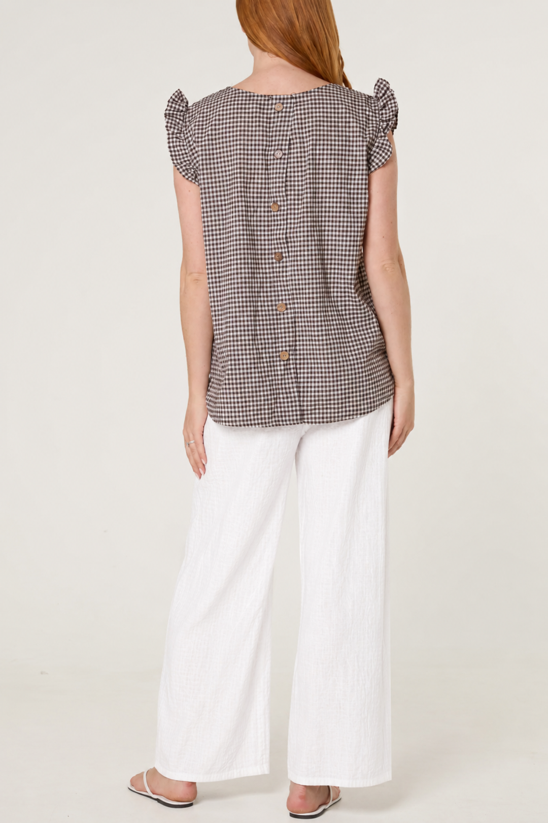 Chocolate Gingham Button Back Top