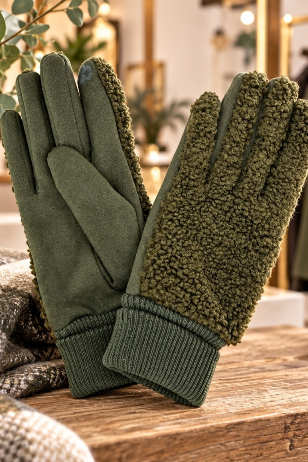 Winnie Khaki Borg Fleece Gloves: One-size