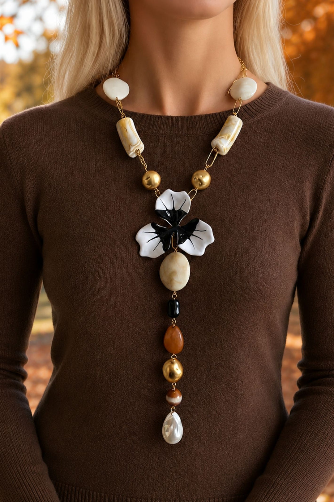 Exotic Flower &amp; Mixed Bead Long Drop Necklace