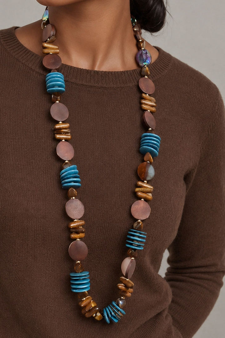 Teal &amp; Wooden Disk Statement Long Necklace