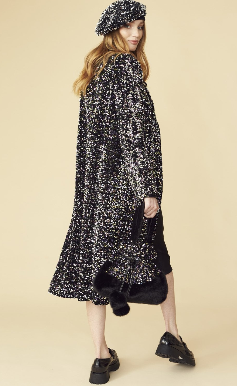 Jayley Black Sequin Velvet Trench Coat