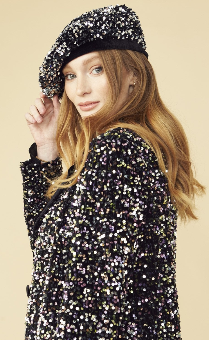 Jayley Black Sequin Velvet Trench Coat