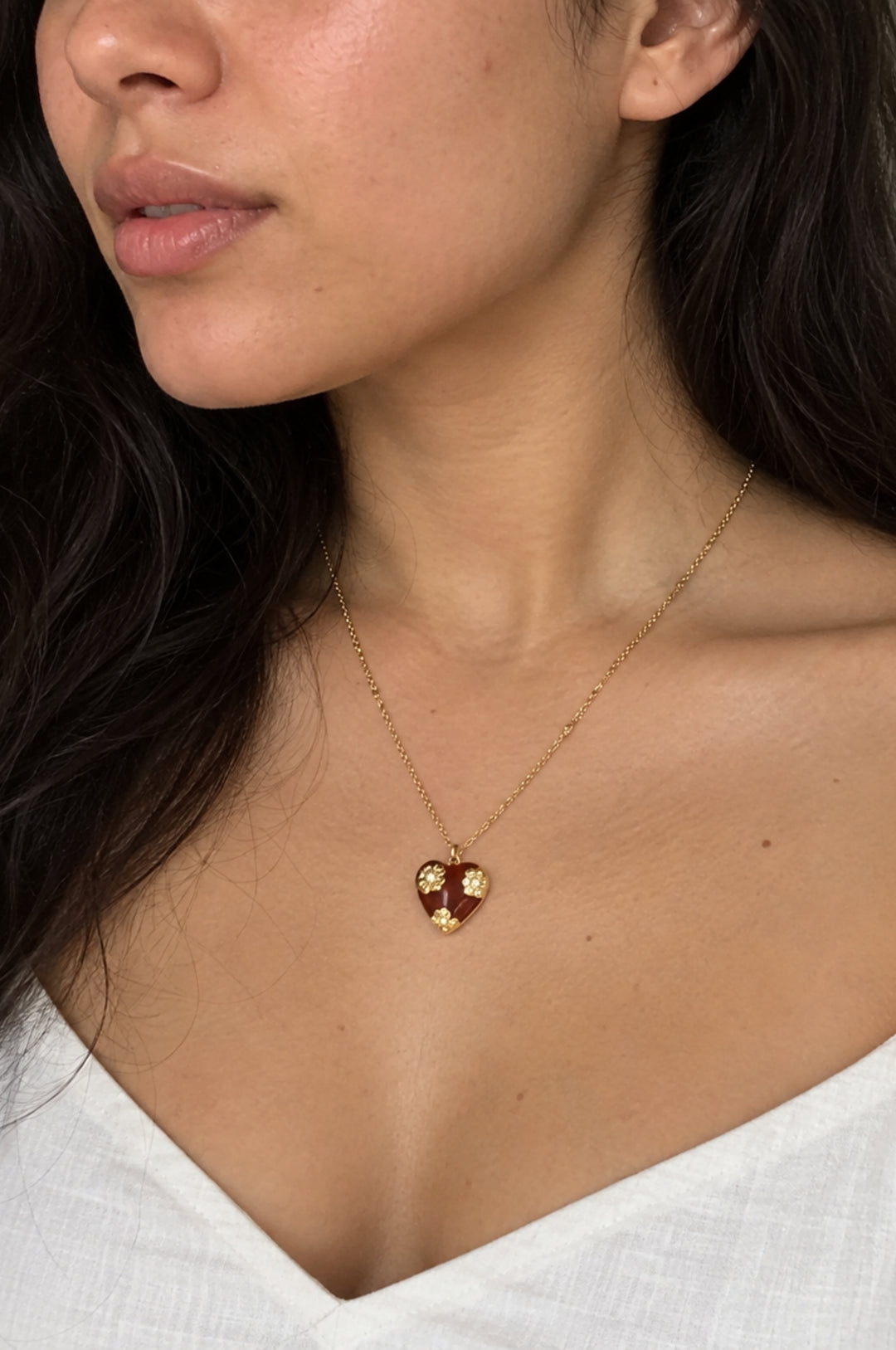 Ruby Red &amp; Gold Flowered Heart Pendant Necklace