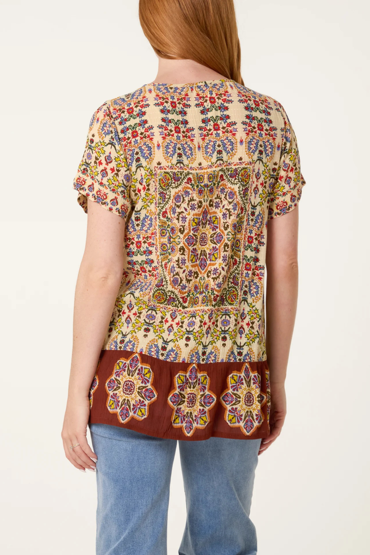 Bohemian Border Print Tie Neck Top