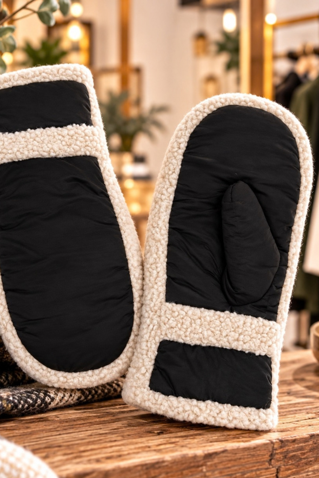 Orla Black Borg Trim Mittens: One-size