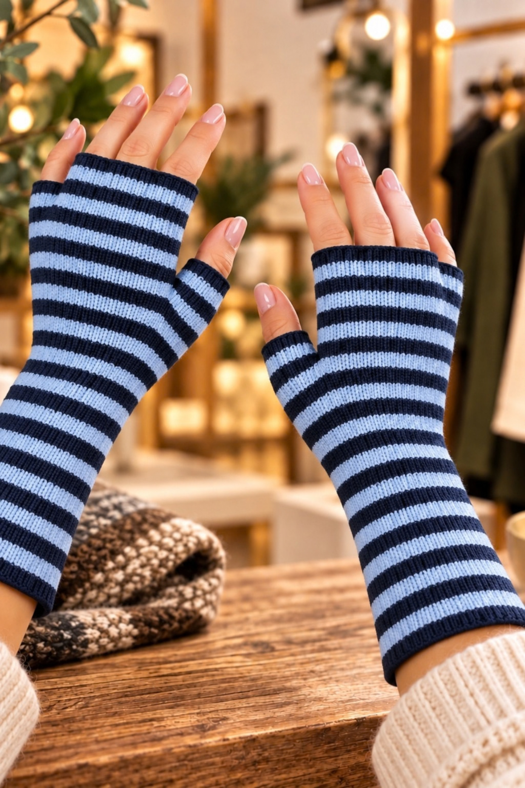 Navy Blue/Denim Blue Long Striped Wrist Warmer: One Size