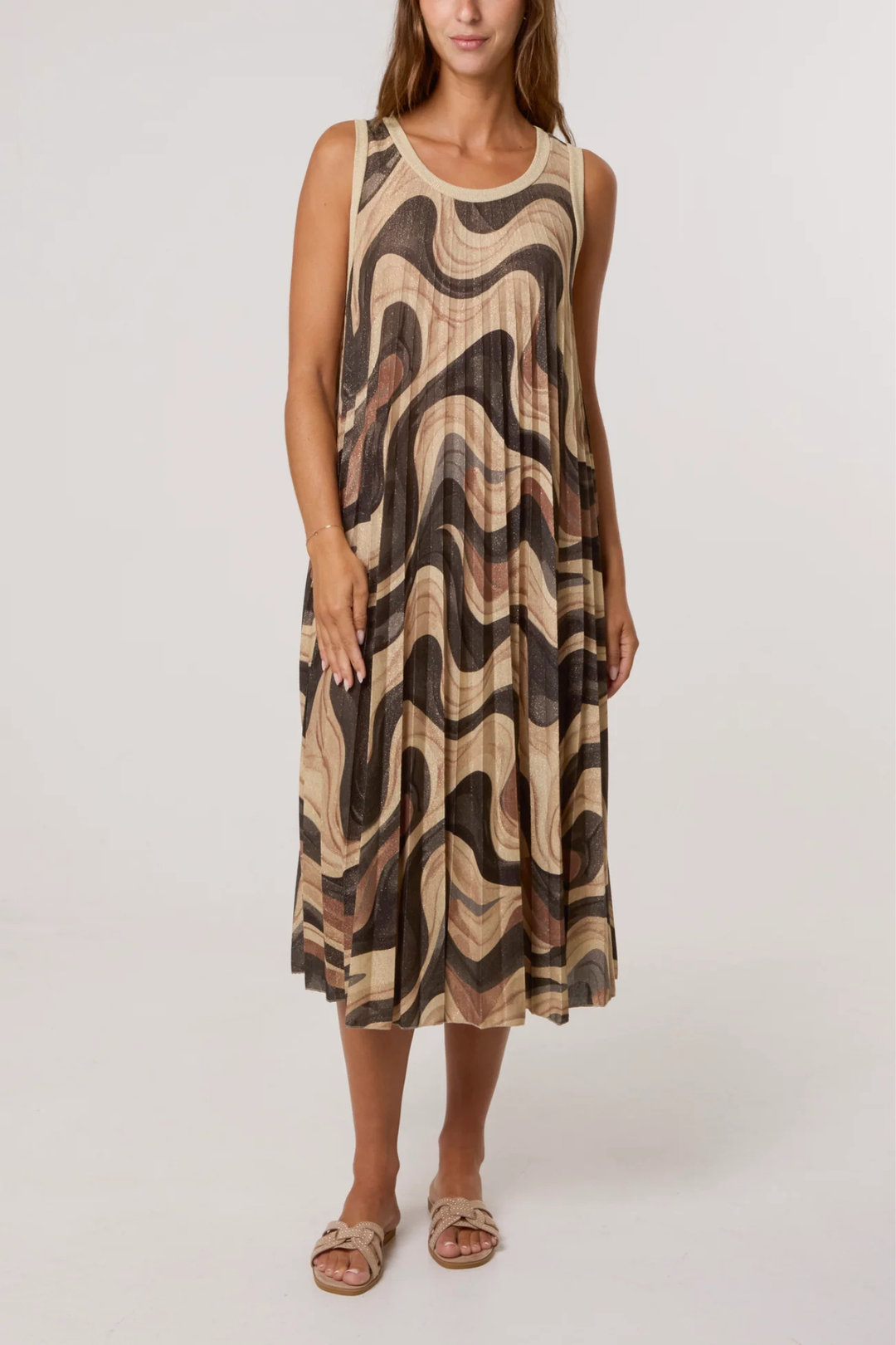 Abstract Wave Print Pleated Midi Dress