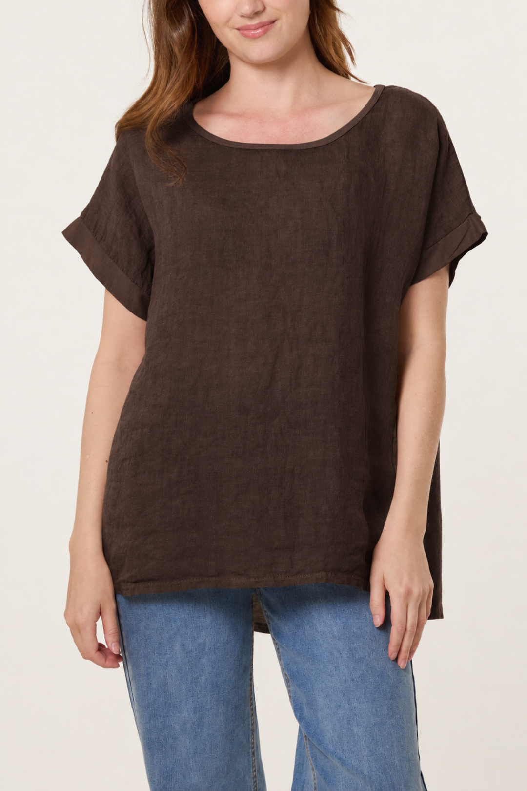 Chocolate Linen Blend Short Sleeve Top