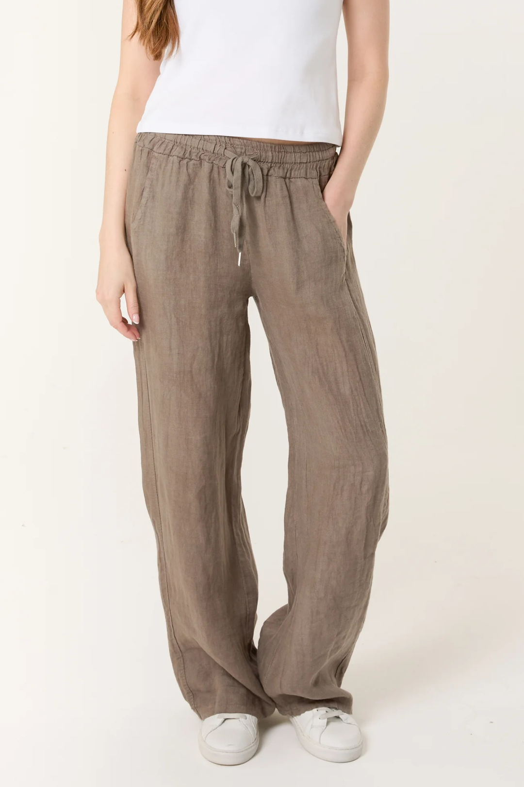 Mocha Pure Linen Wide Leg Trousers