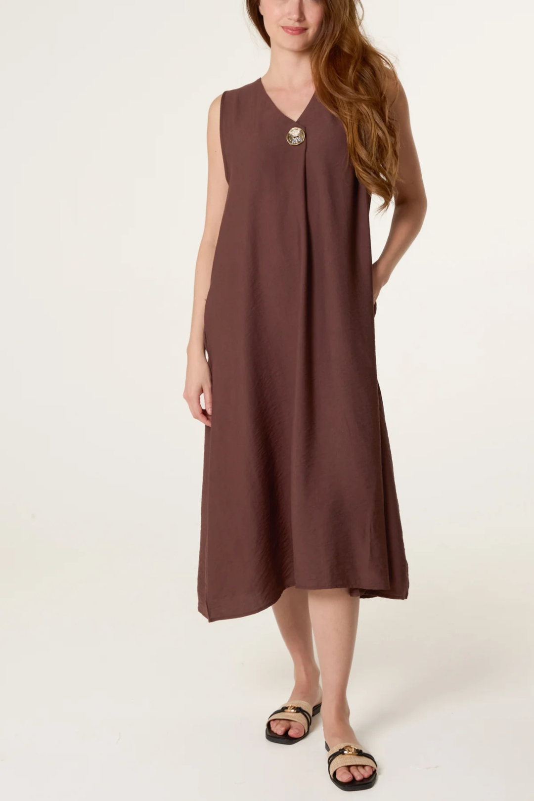Chocolate Sleeveless Button Detail Midi Dress