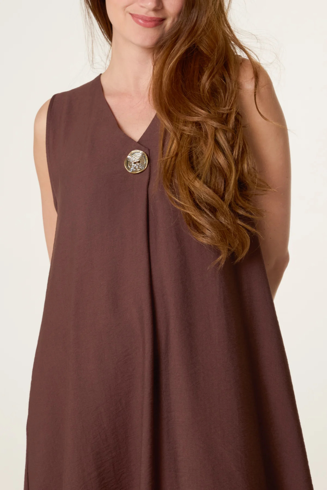 Chocolate Sleeveless Button Detail Midi Dress