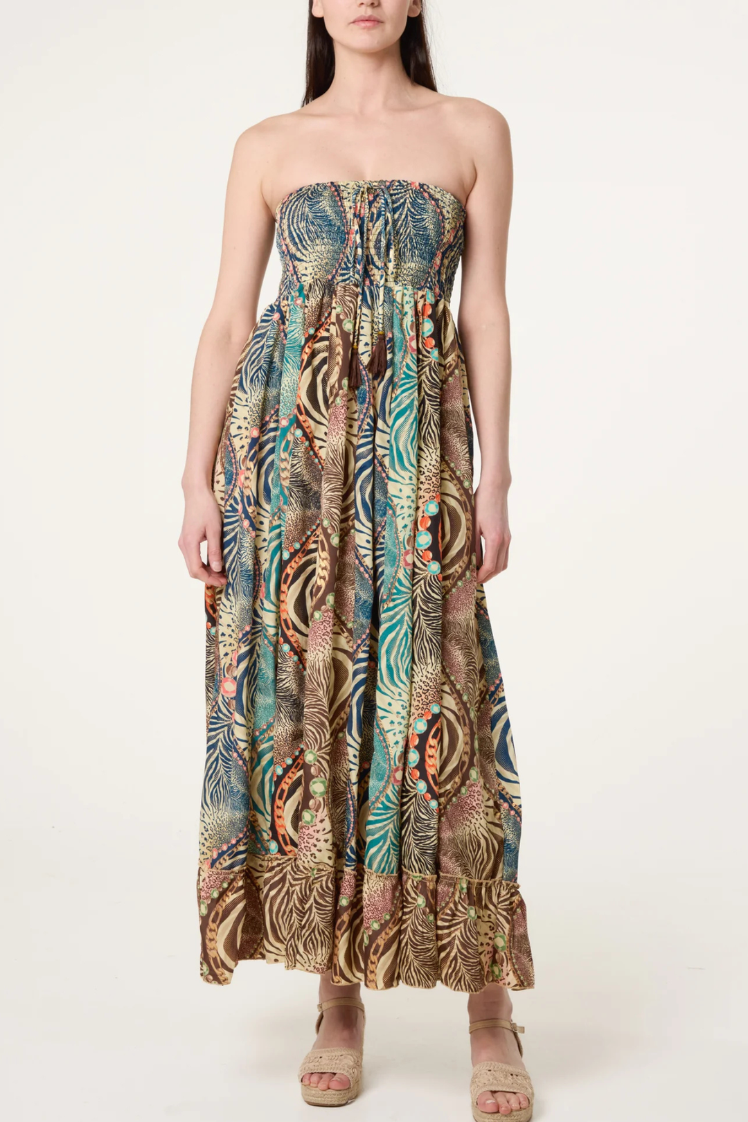 Bandeau Animal Inspired Shirred Dress