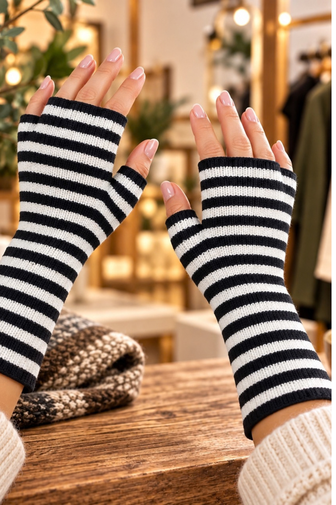 Black/White Long Striped Wrist Warmer: One Size
