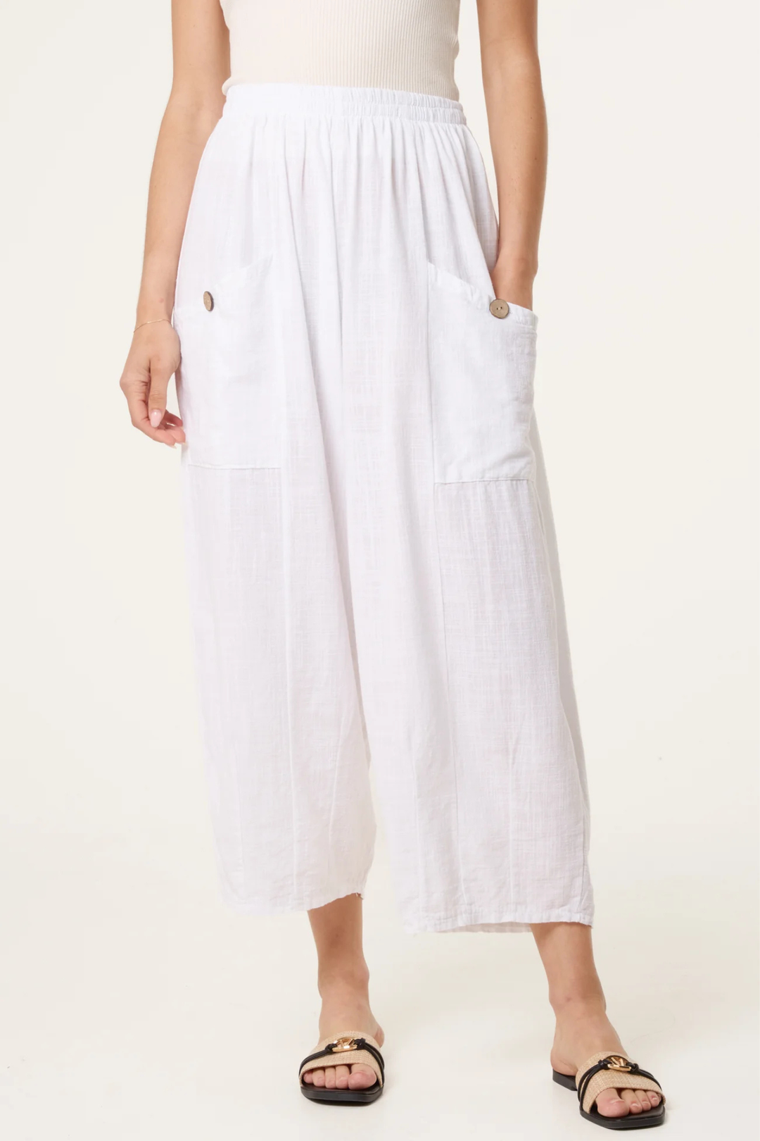 Wide Pocket White Cotton Front Button Trouser