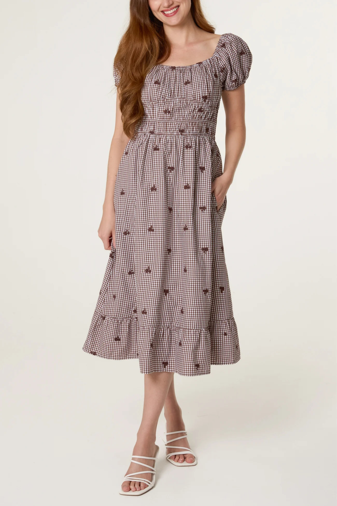 Chocolate Gingham Embroidered Heart Midi Dress