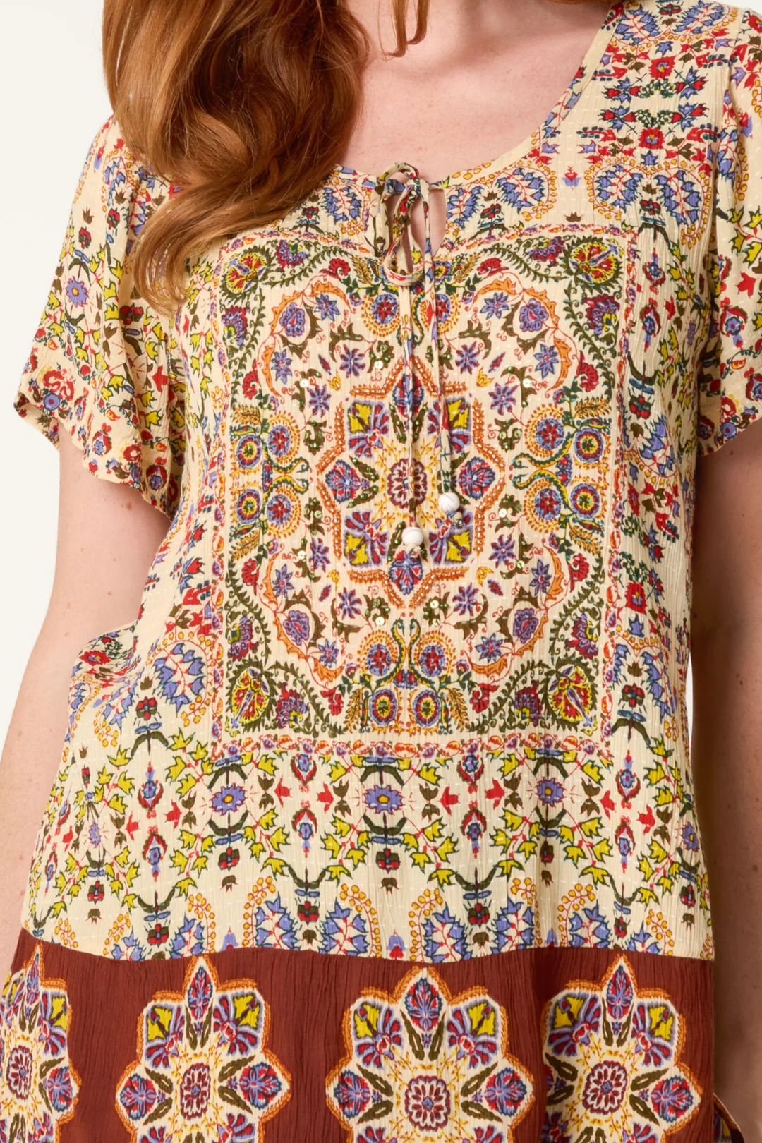 Bohemian Border Print Tie Neck Top