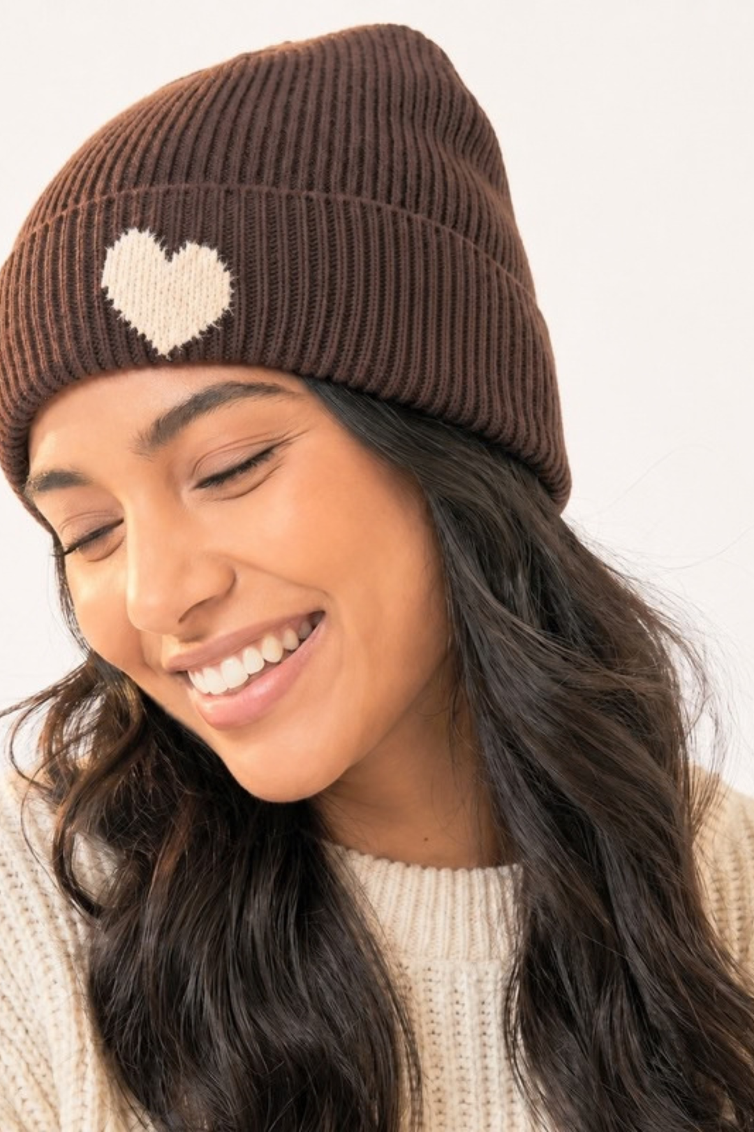 Fluffy Heart Beanie Hat in Brown/Cream: One Size