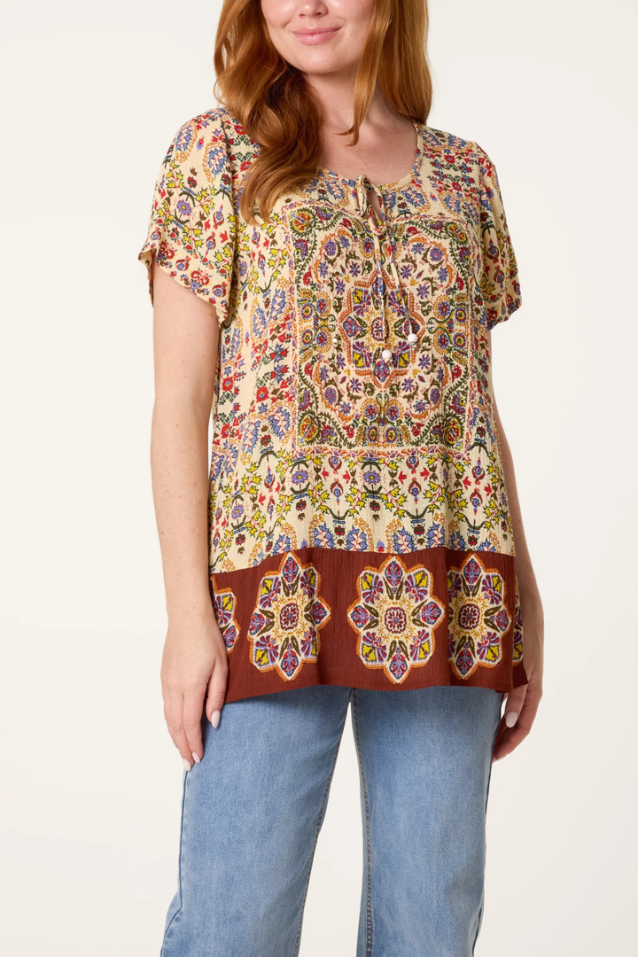 Bohemian Border Print Tie Neck Top