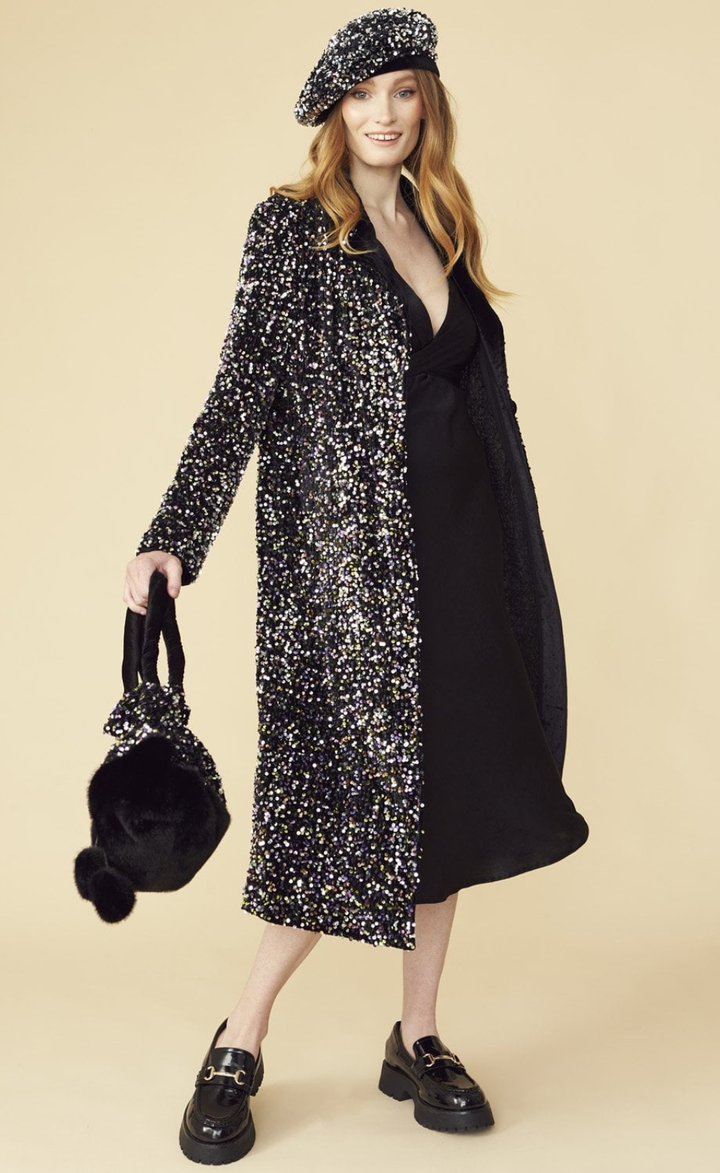 Jayley Black Sequin Velvet Trench Coat