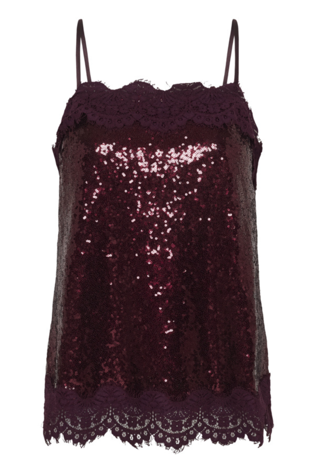 Cream Clothing CRFreyja Burgundy Sequin Vest Top with Lace Trim