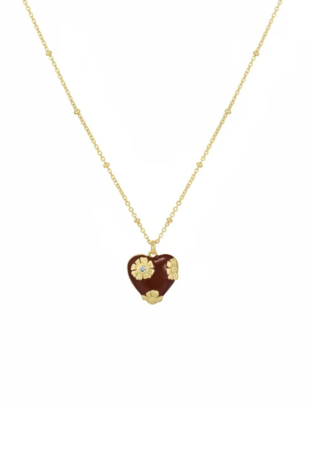 Ruby Red &amp; Gold Flowered Heart Pendant Necklace