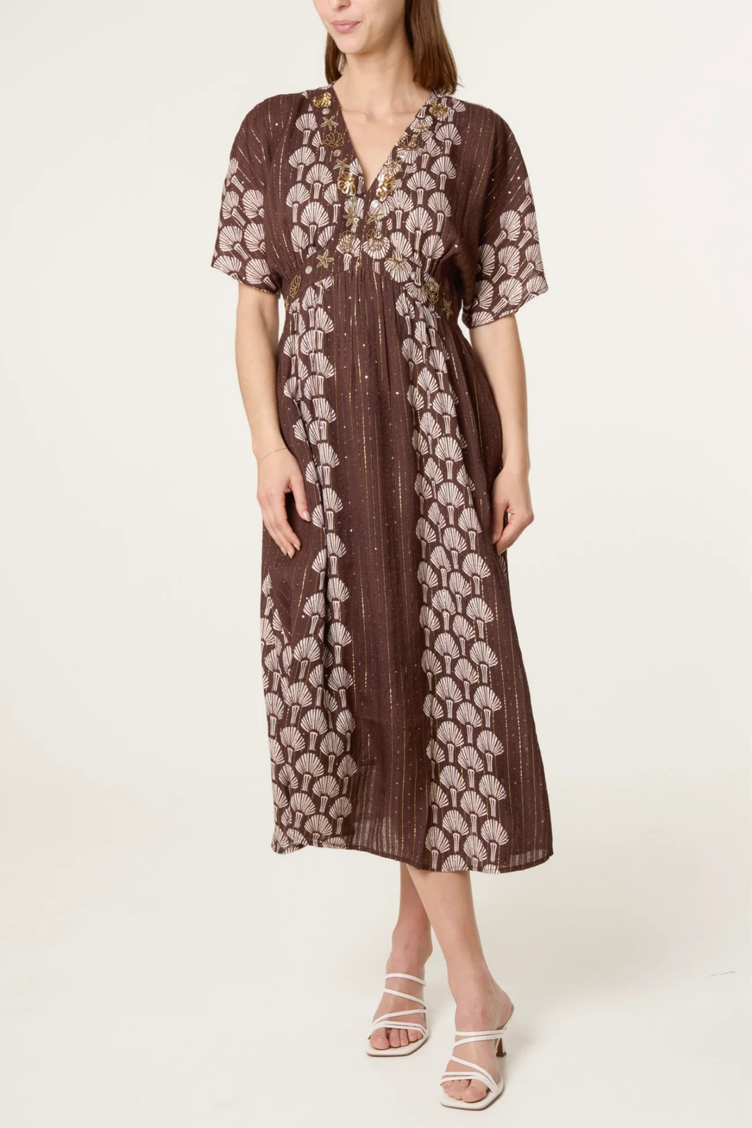 Chocolate Brown Shell Embroidered Midi Dress