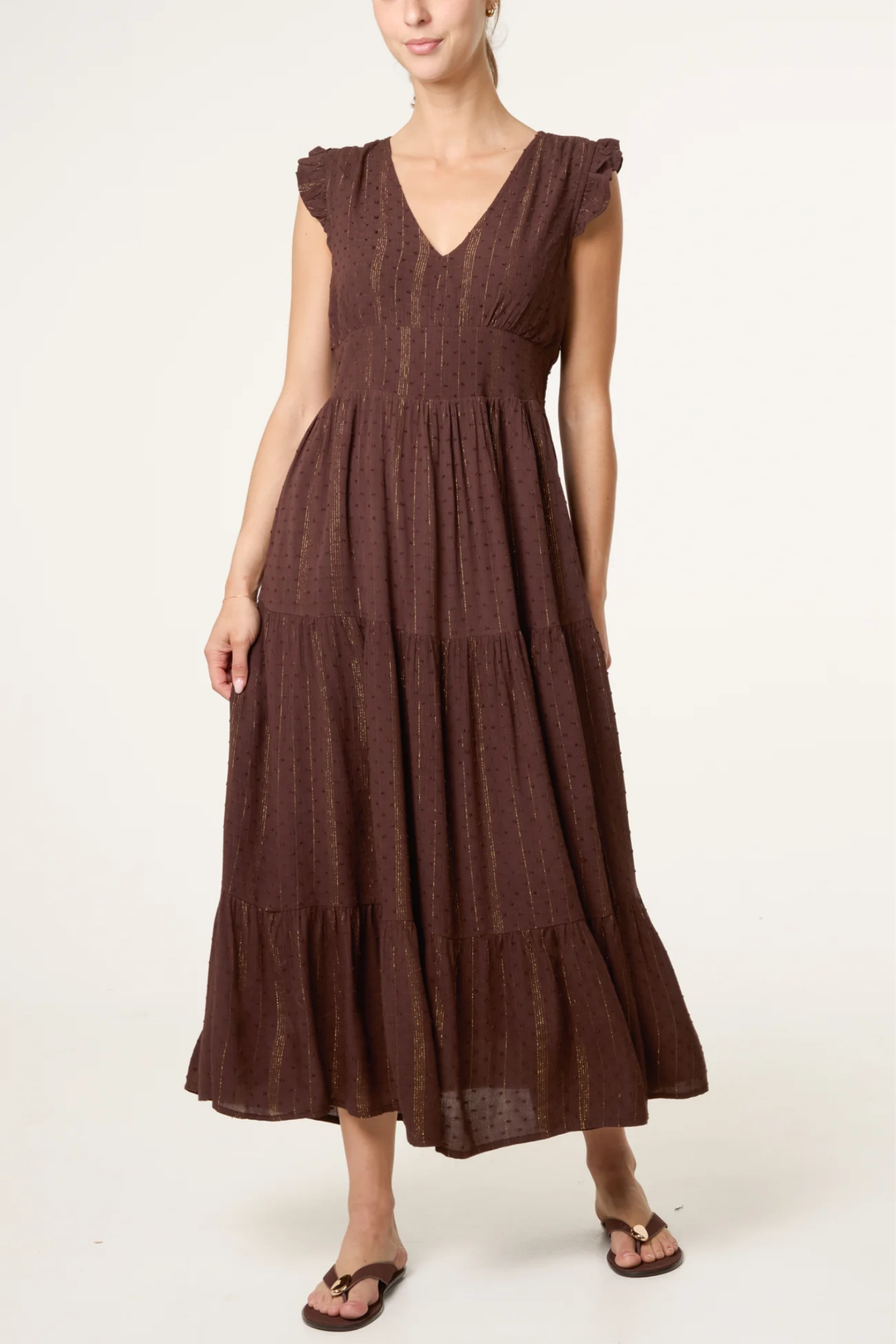 Chocolate Brown Gold Metallic Thread Maxi Dress