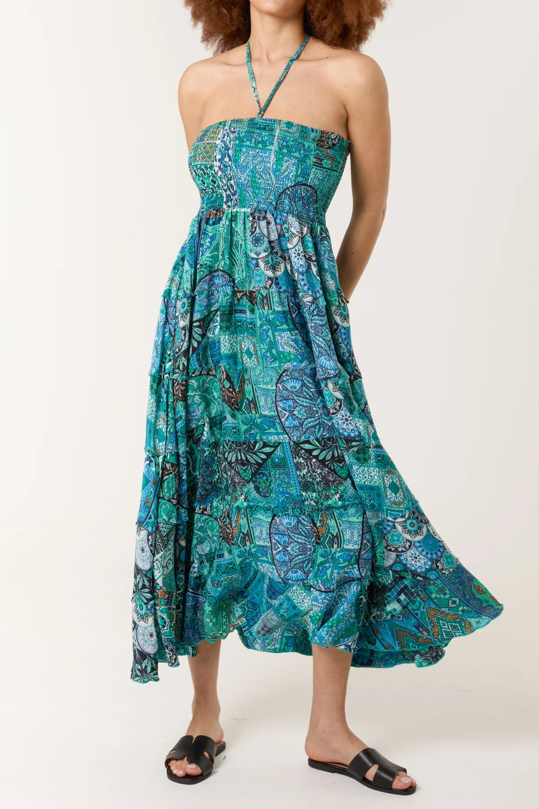 Blue Print Art Silk Halterneck Tiered Dress