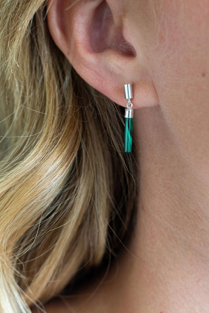 Vurchoo 1084 Silver Malachite Bar Drop Earrings