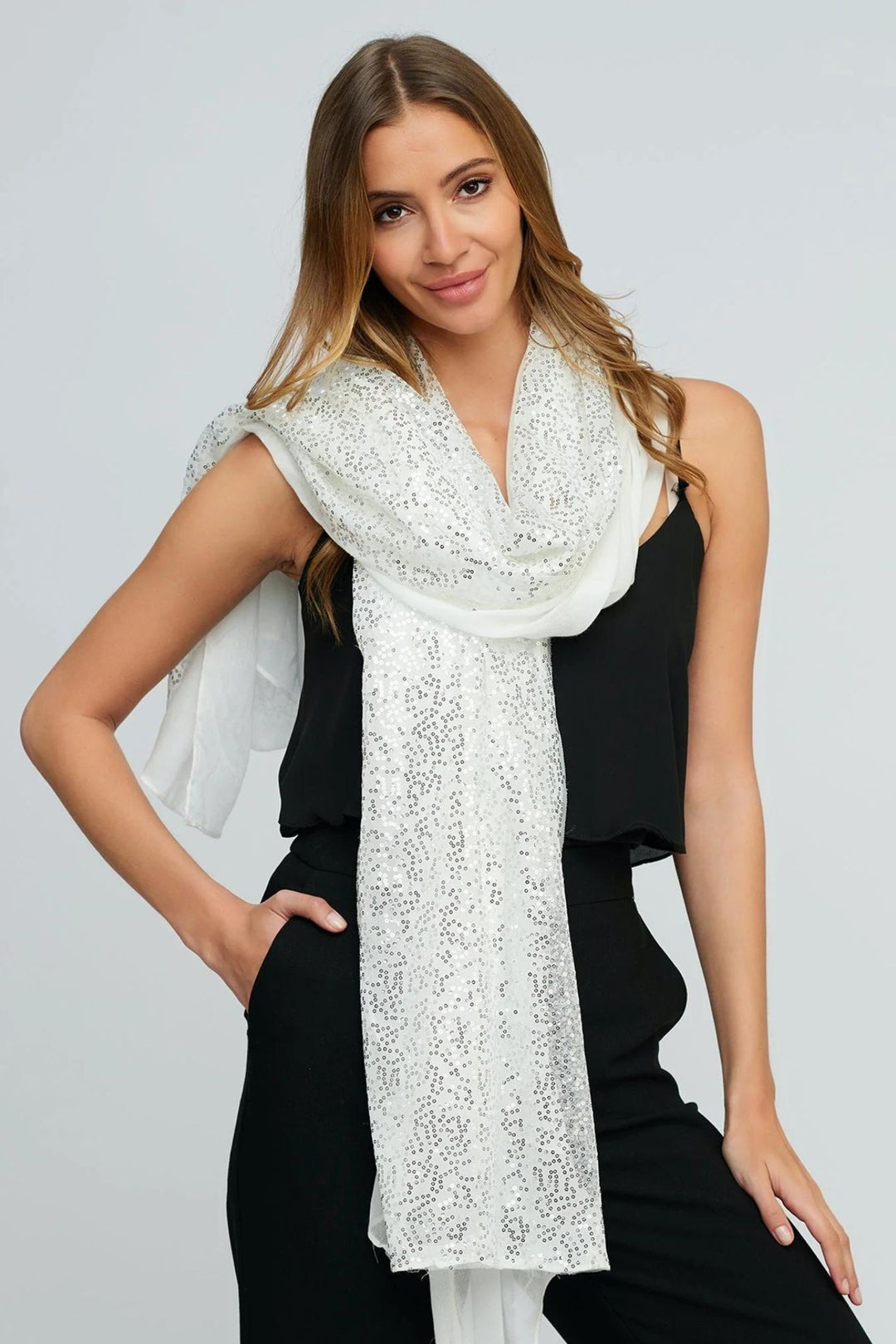 Warm Off White Sequin Layered Shawl Scarf