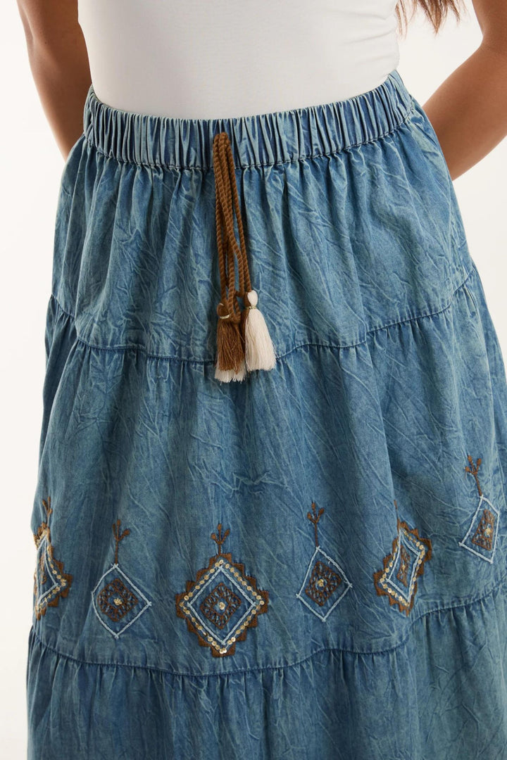 Washed Denim Look Embroidered Tired Maxi Skirt