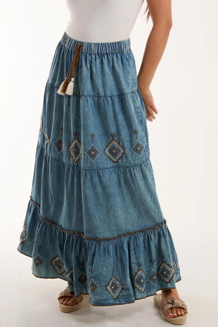 Washed Denim Look Embroidered Tired Maxi Skirt