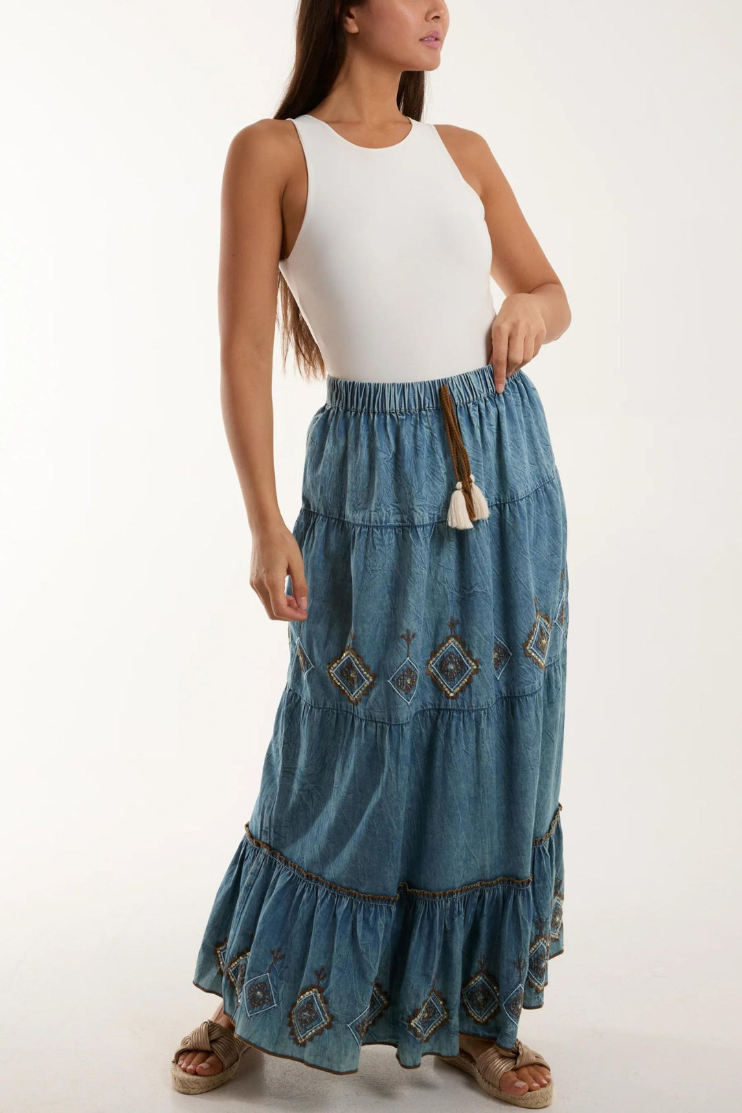 Washed Denim Look Embroidered Tired Maxi Skirt