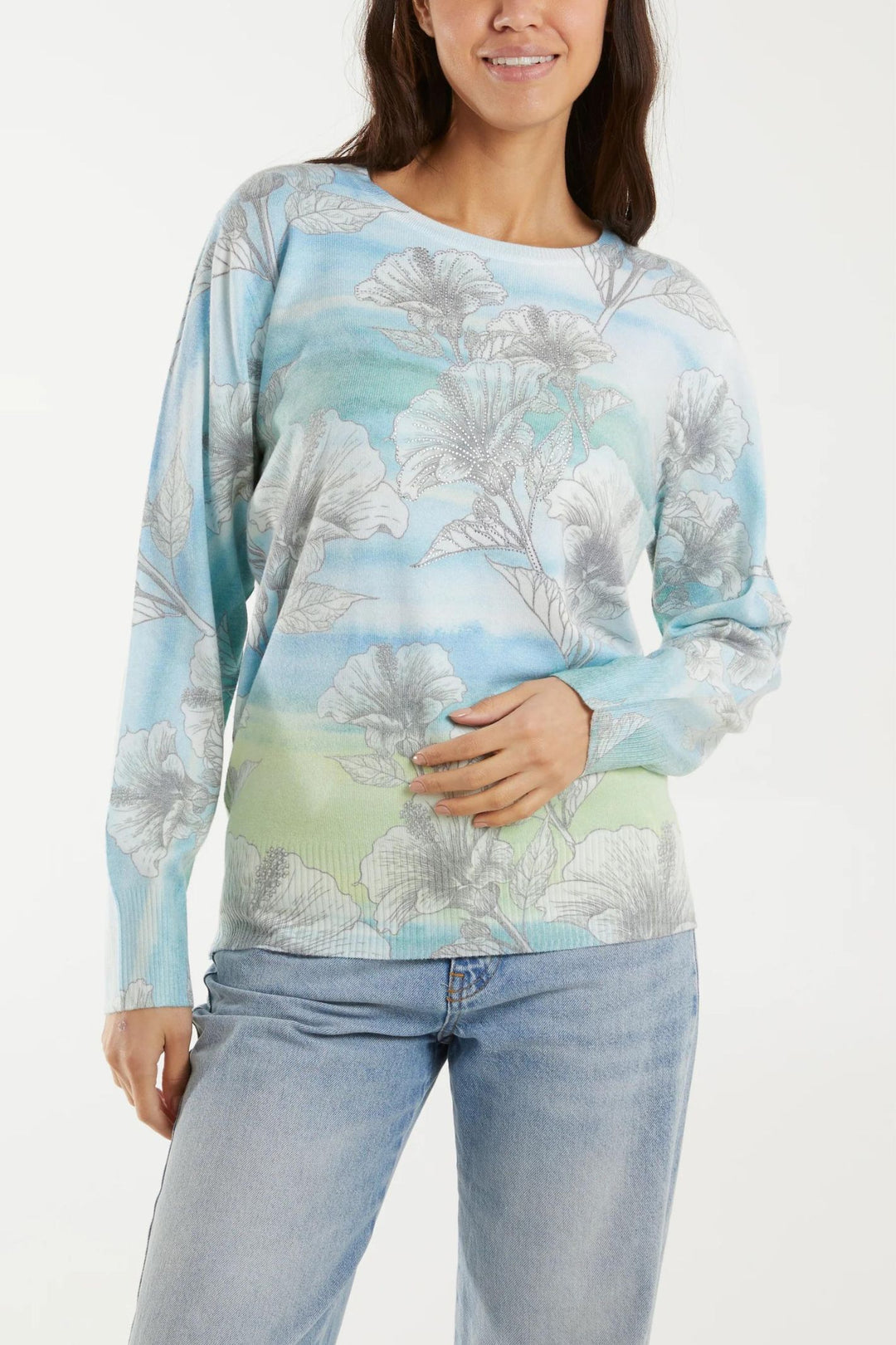 Watercolour Botanical Print Diamante Embellished Knit Jumper