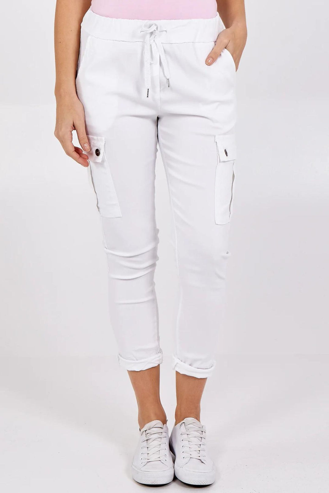 White Cargo Stretch Pull-On Trousers