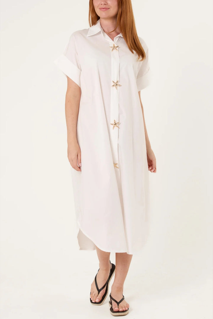 White Gold Starfish Button Midi Shirt Dress