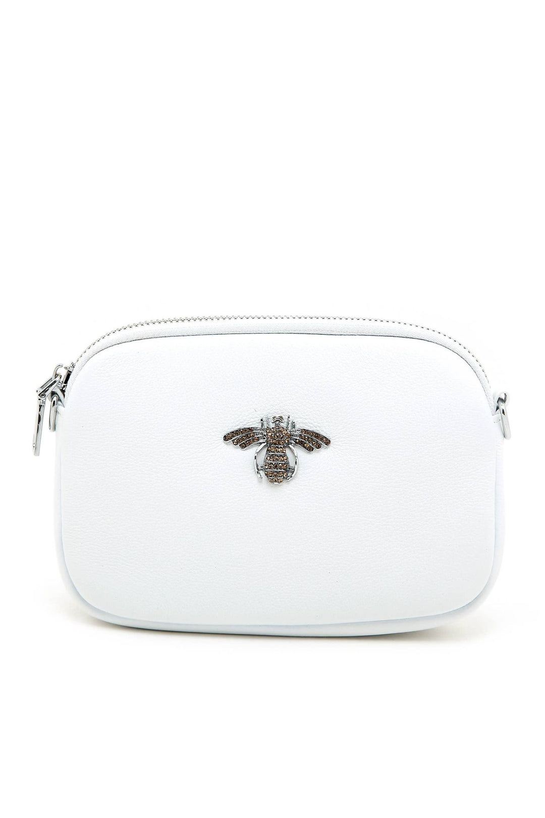 White Leather Bee Crystal Cross Body Bag
