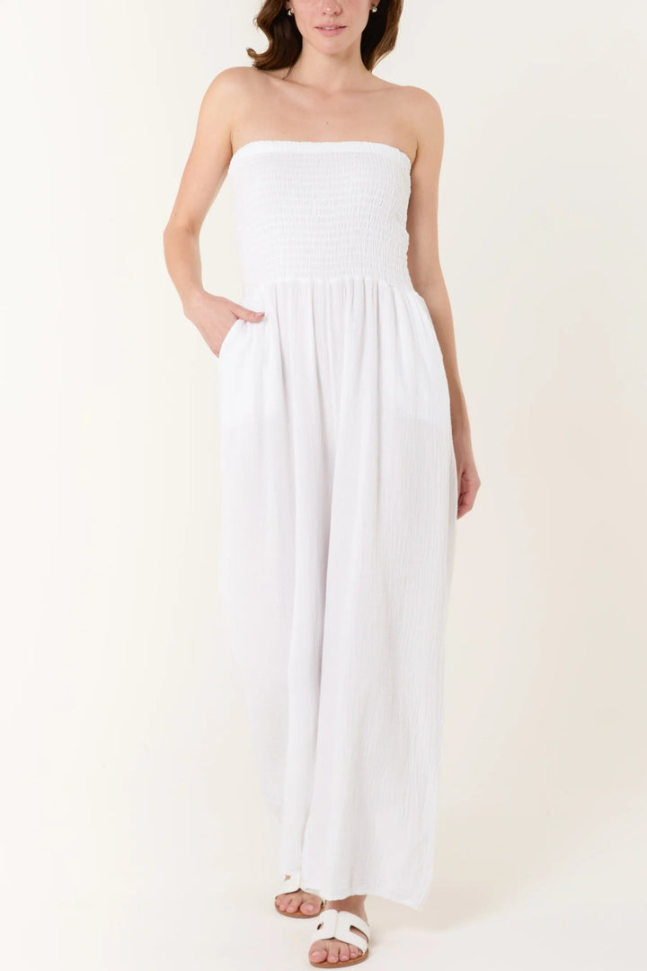White Shirred Bandeau Wide Leg Jumpsuit