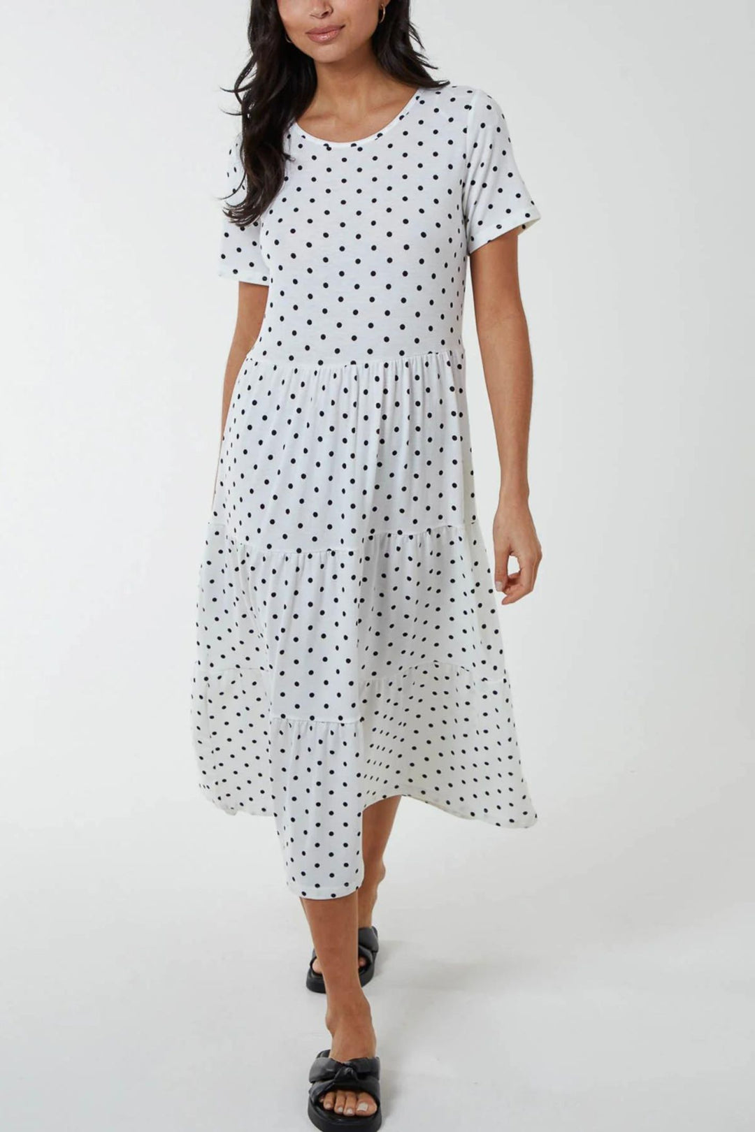 White & Black Polka Dot Tiered Midi Dress – Experience Boutique