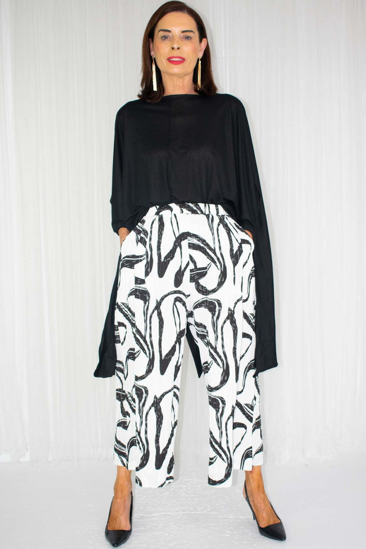 White & Black Swirl Print Wide Leg Cropped Trousers