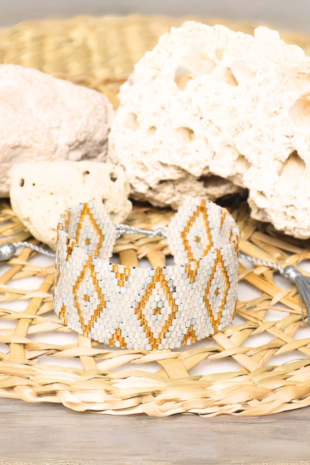 White & Gold Hand Beaded Adjustable Cuff Bracelet