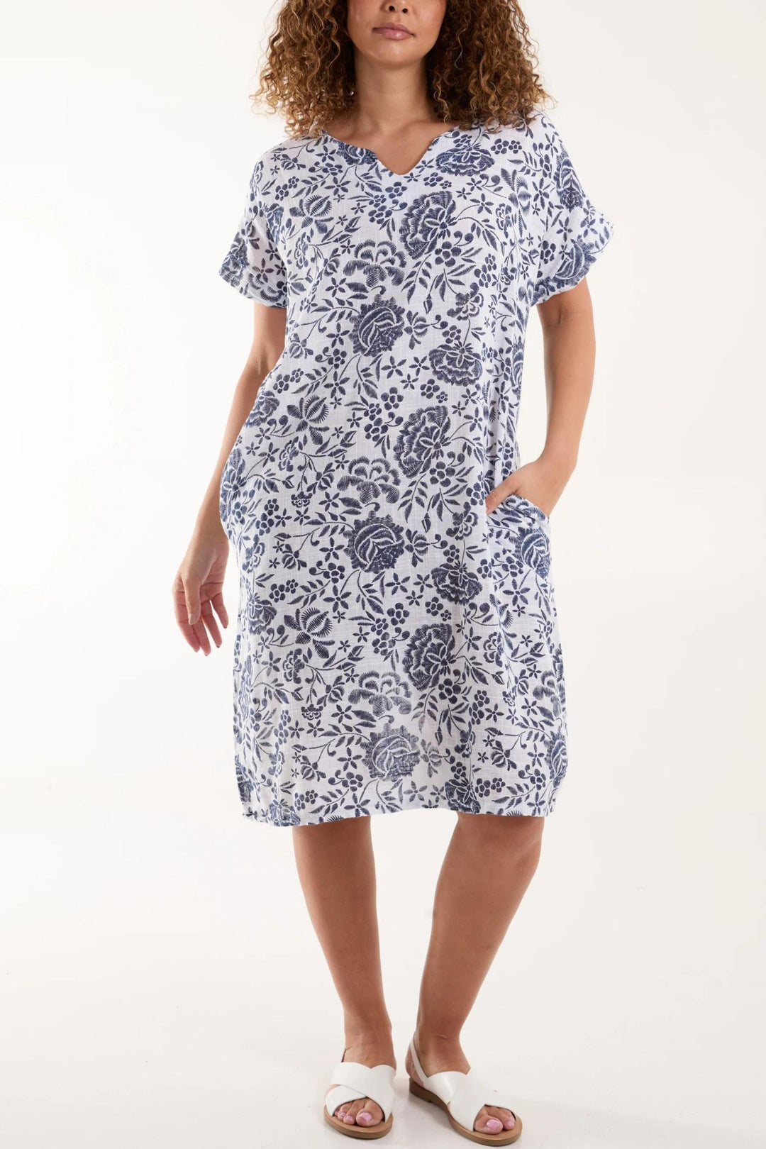White & Navy Floral Print Lightweight Shift Dress