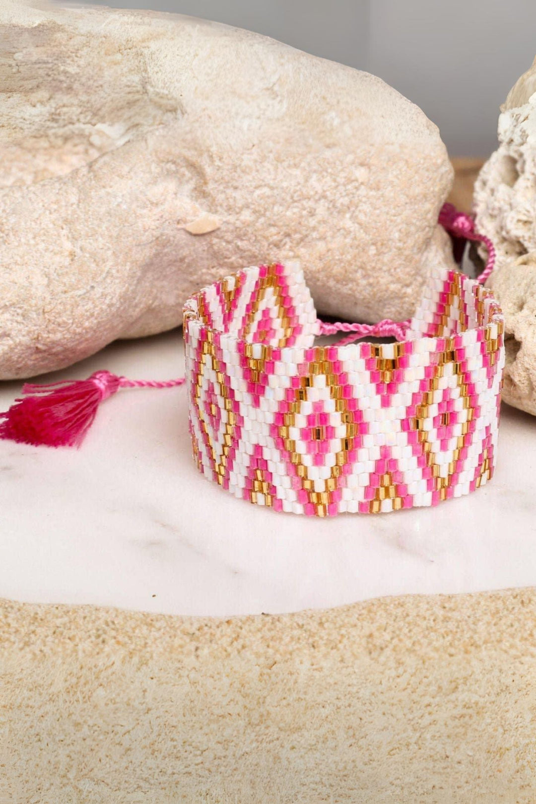 White & Pink Hand Beaded Adjustable Cuff Bracelet