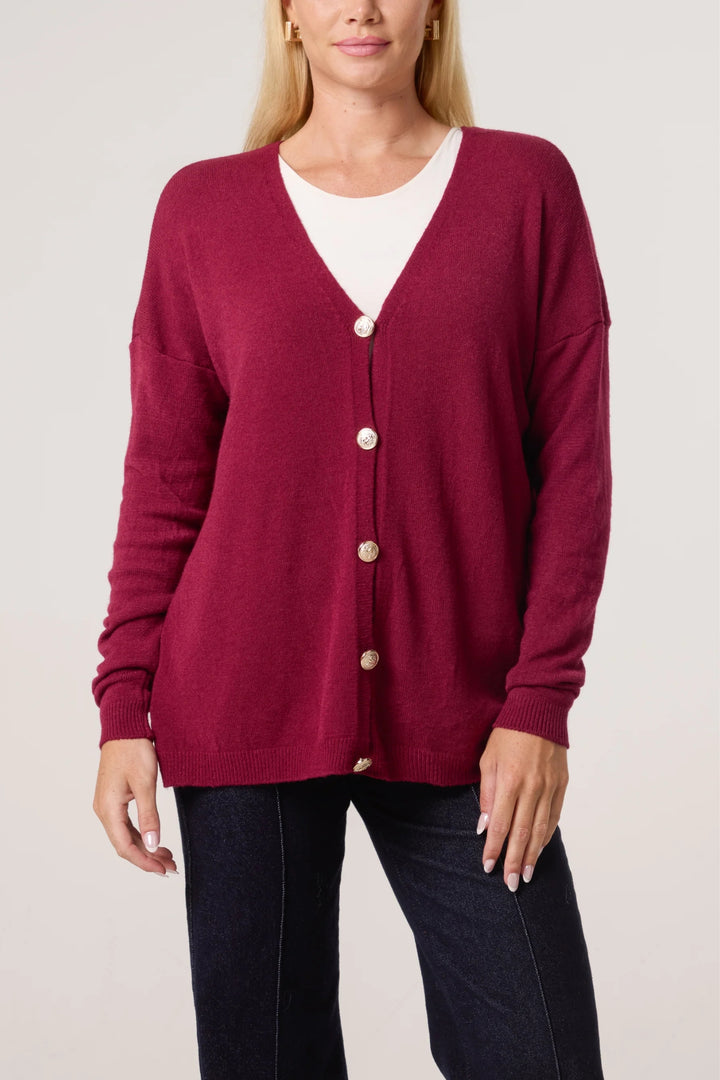 Wine Relaxed Fit Button Closure Cardigan