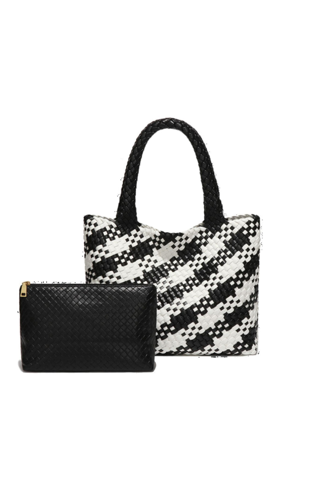 Woven Tote Handbag with Matching Pouch Black Cream